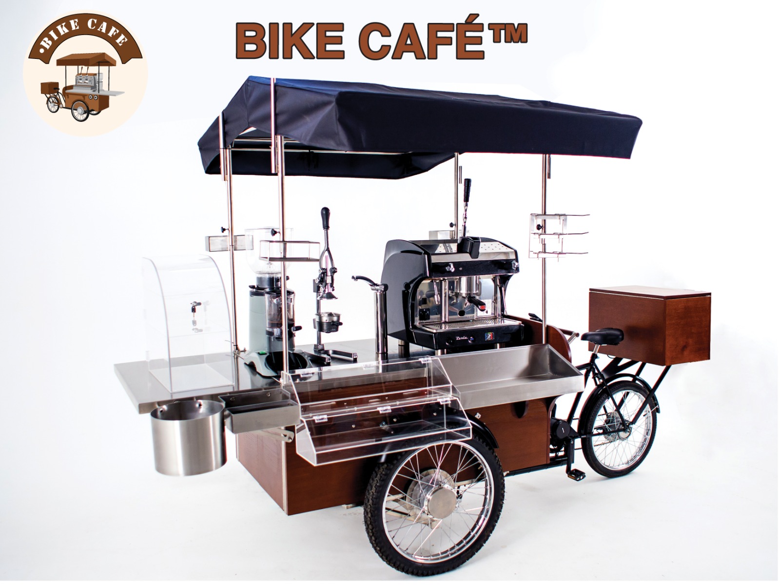 The Bike Café mobile tricycle unit with professional espresso machine, grinder, display case, and canopy