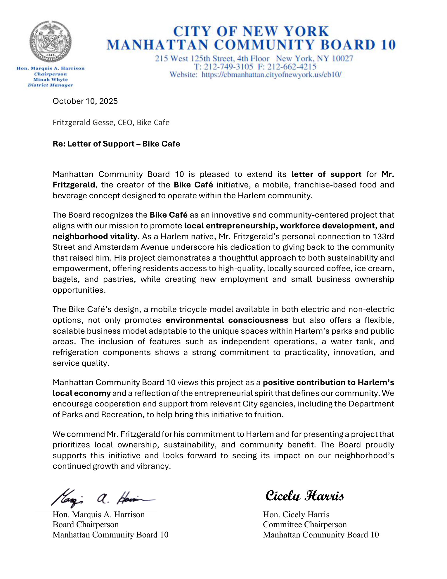 The Letter of Support from the City of New York, Manhattan Community Board 10, for the Bike Café initiative